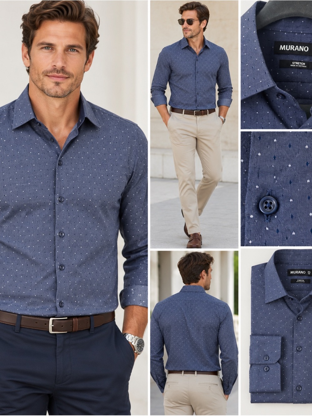Murano Men's Navy Blue Micro Dot Stretch Dress Shirt